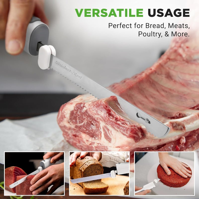NutriChef Cordless Electric Knife | Easy to Use Constant ON/OFF Safety Function Button | Carve Turkey, Meats, Poultry, Bread, Cheese & More | Lightweight with Contoured Grip Handle | White & Grey - Image 2